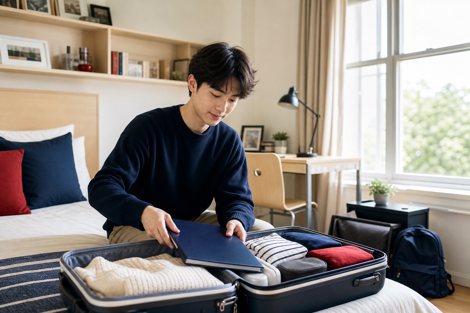 学生在房间内整理海外留学行李