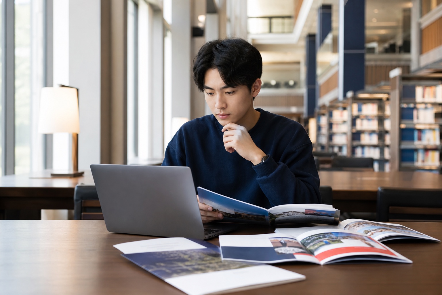 学生在图书馆查阅海外院校课程资料