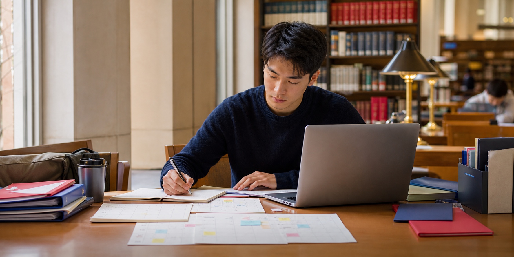 学生在大学图书馆整理申请时间线