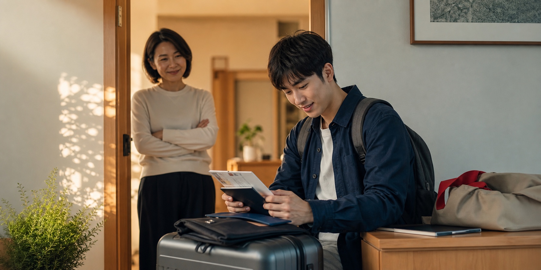 学生在家中整理行李和出发材料
